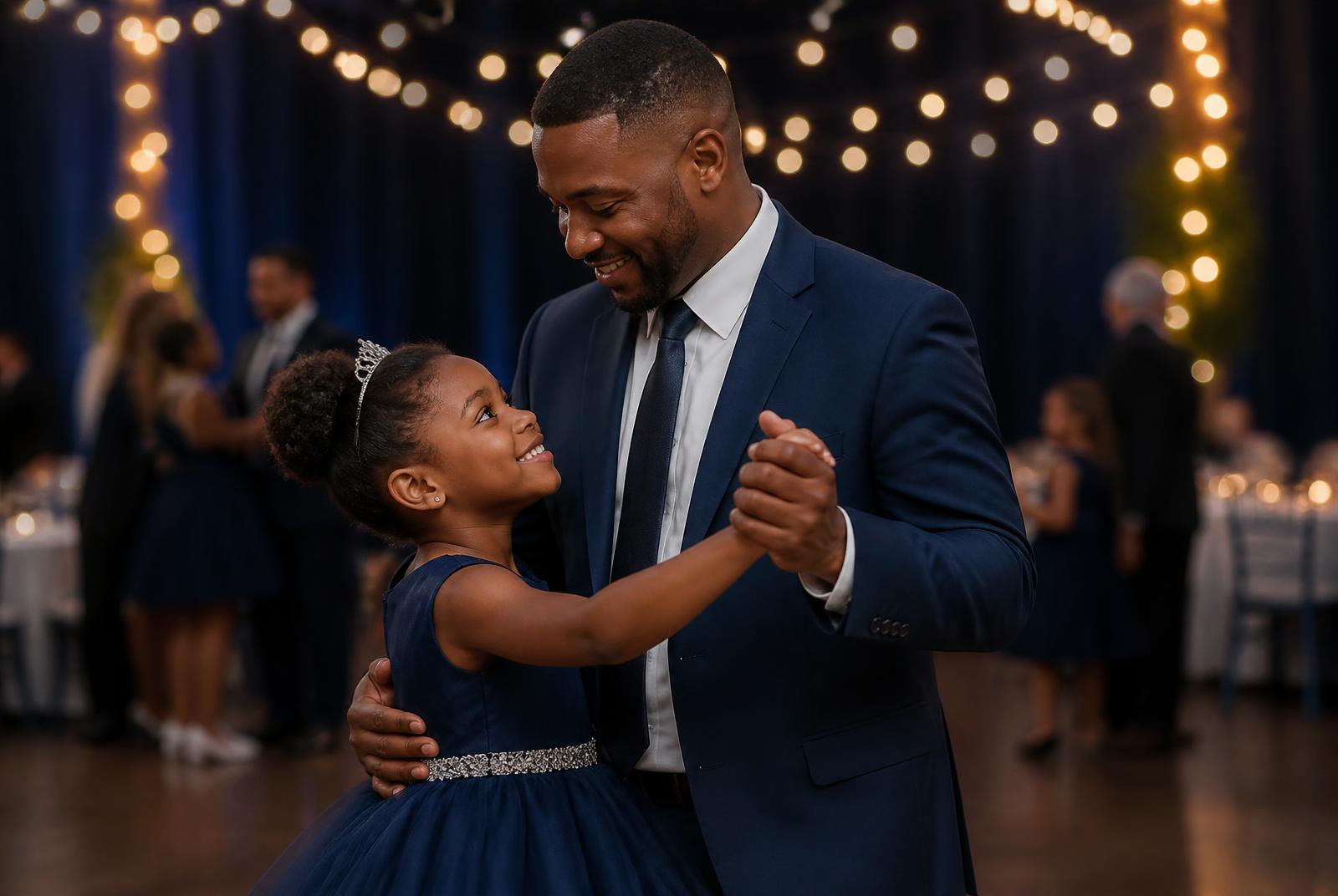 A father dancing with his daughter at a community daddy daughter dance