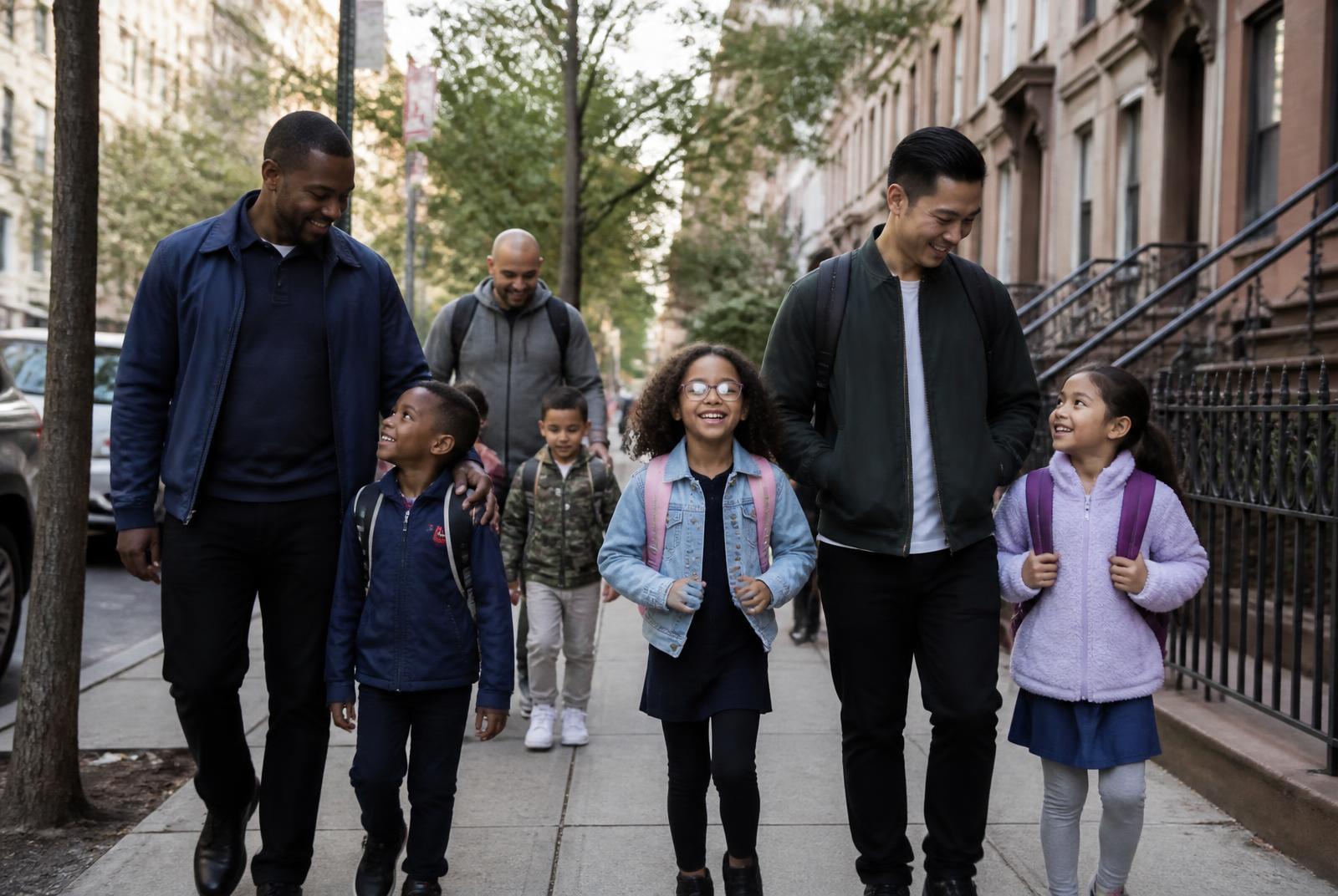 Fathers walking their children to school together in New York City