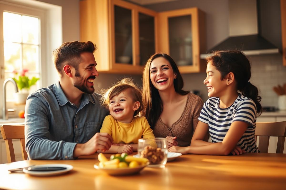 A father preparing a meal at home with his family around the table