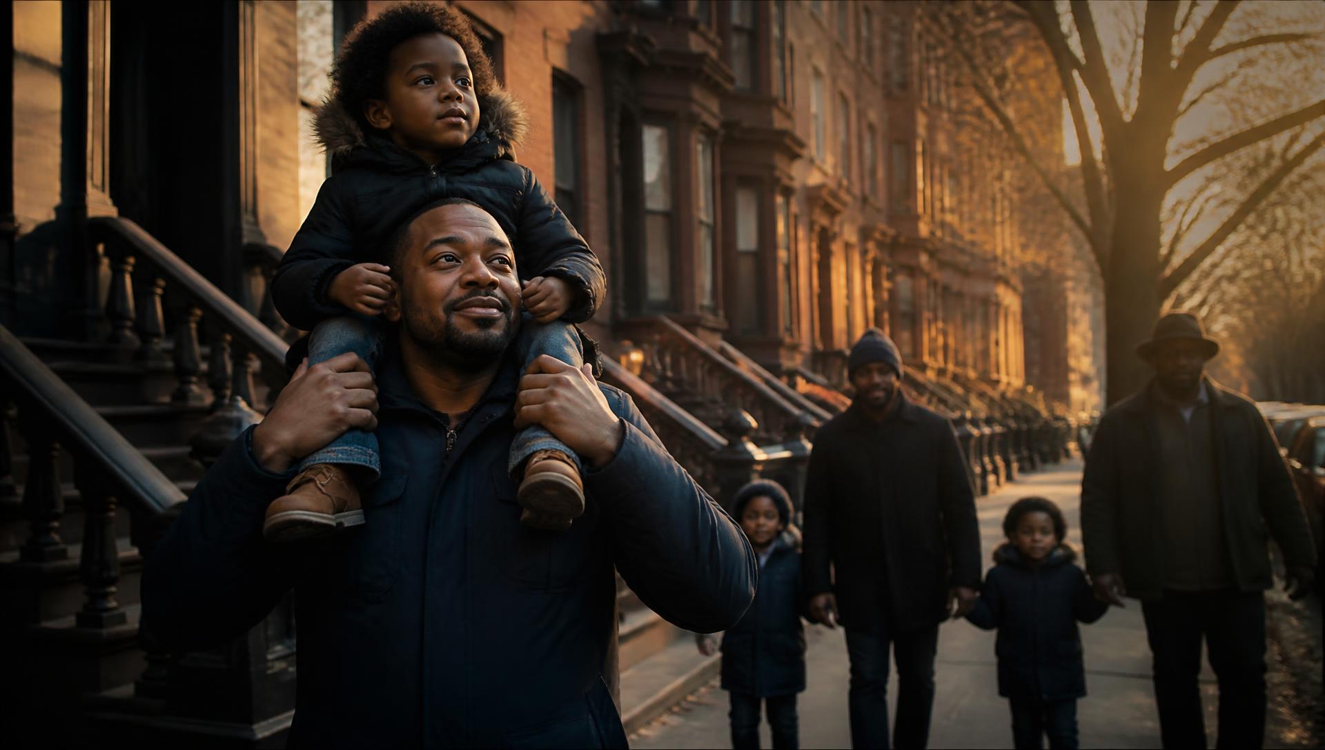 A father carrying his young child on his shoulders on a Harlem street at golden hour