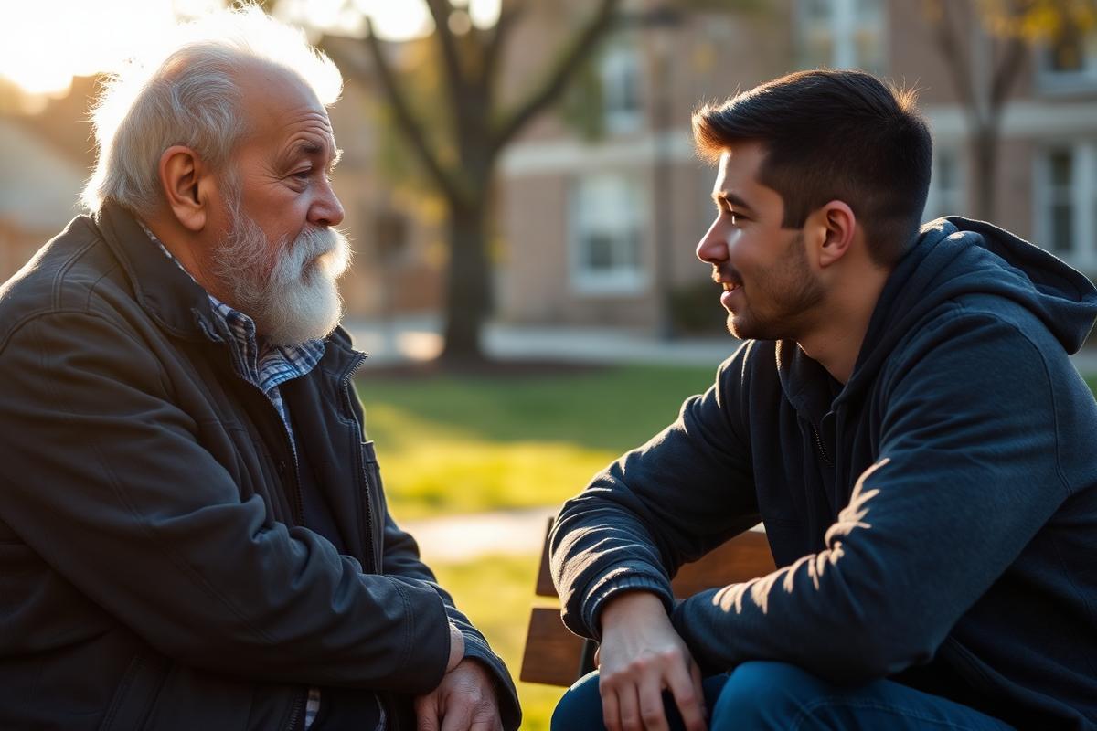 A mentor talking with a young man outdoors