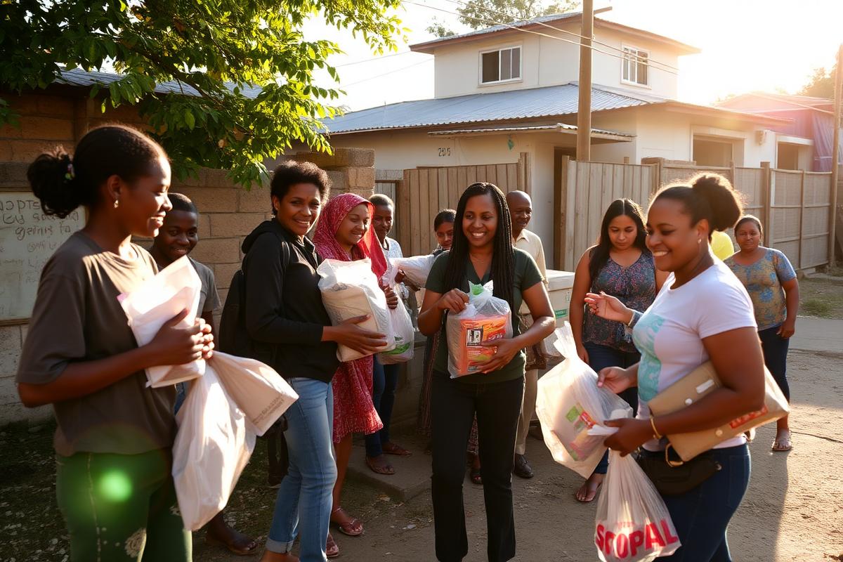 Volunteers distributing supplies at a community event